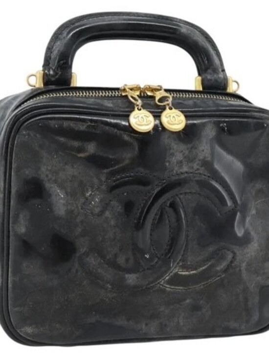 CHANEL Handbags - CHANEL COCO Mark Vanity Hand Bag Patent leather Black Gold CC Auth 181661
